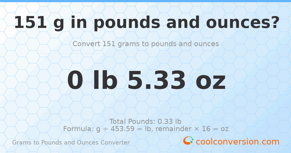 151 g to lb and oz — 151 g = 0 lb 5.33 oz