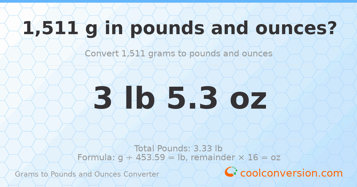 1511 g to lb and oz — 1511 g = 3 lb 5.3 oz