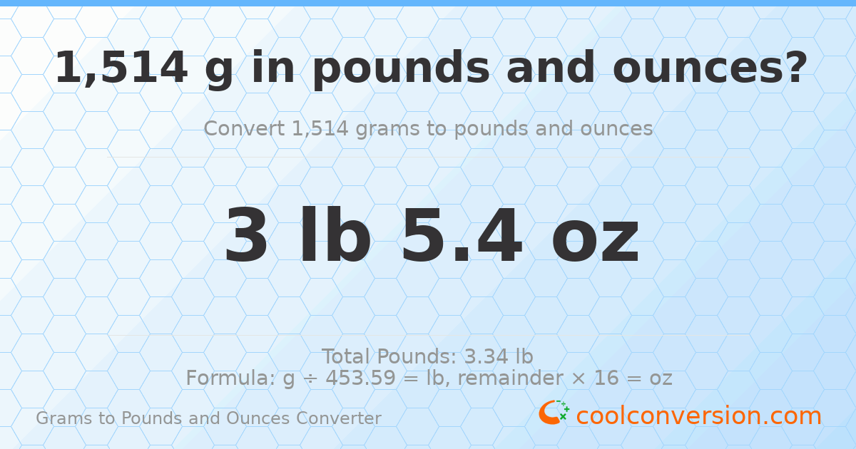 1514 g to lb and oz — 1514 g = 3 lb 5.4 oz