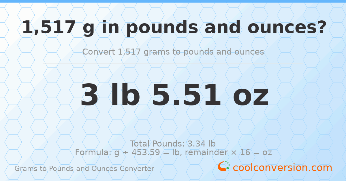 1517 g to lb and oz — 1517 g = 3 lb 5.51 oz