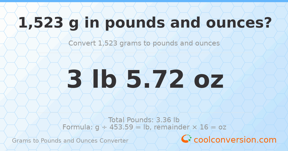 1523 g to lb and oz — 1523 g = 3 lb 5.72 oz