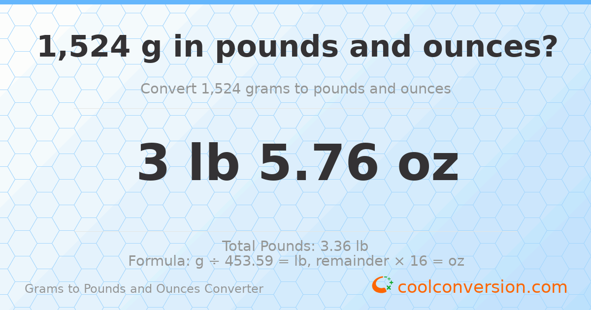 1524 g to lb and oz — 1524 g = 3 lb 5.76 oz