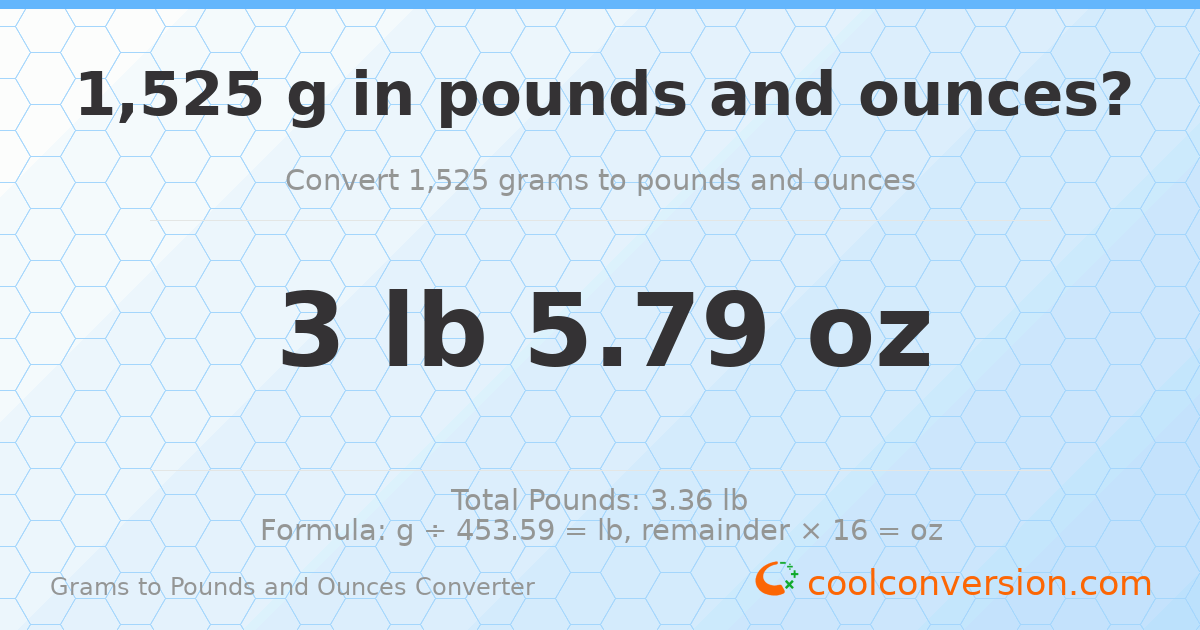1525 g to lb and oz — 1525 g = 3 lb 5.79 oz