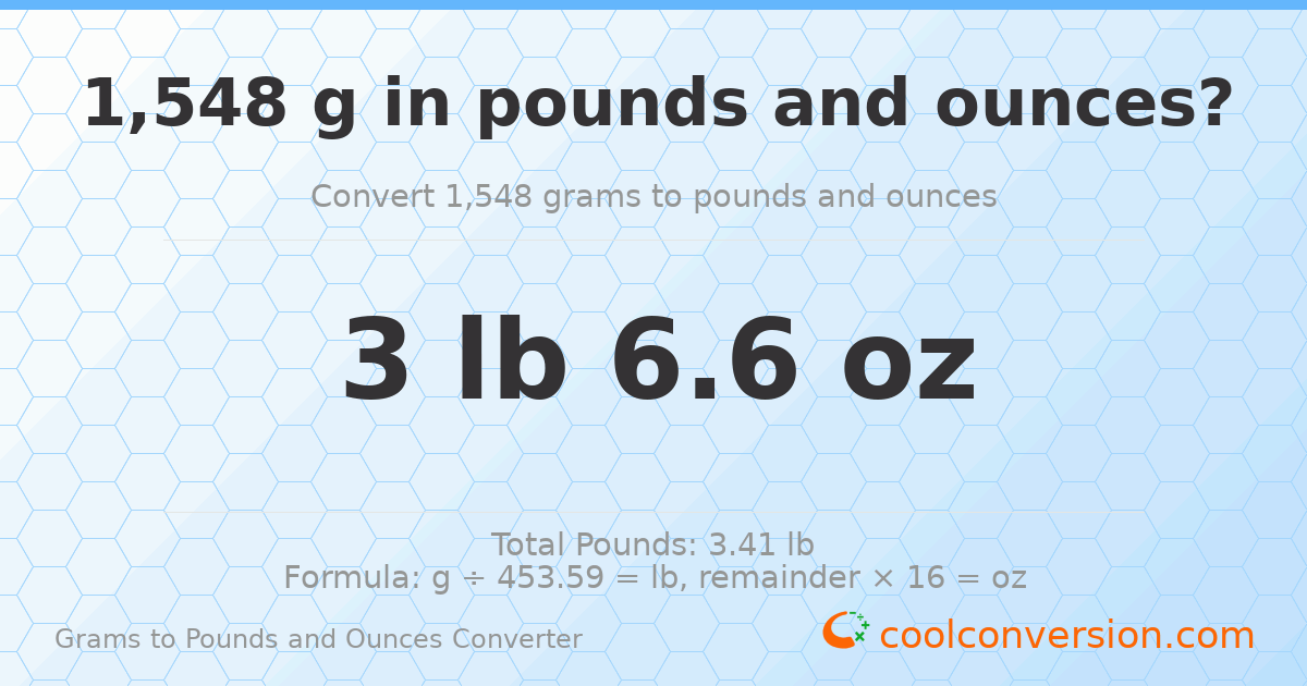 1548 g to lb and oz — 1548 g = 3 lb 6.6 oz