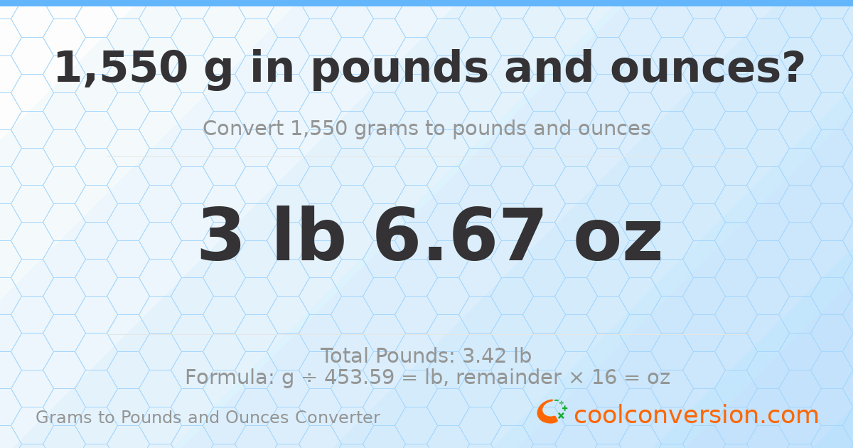 1550 g to lb and oz — 1550 g = 3 lb 6.67 oz