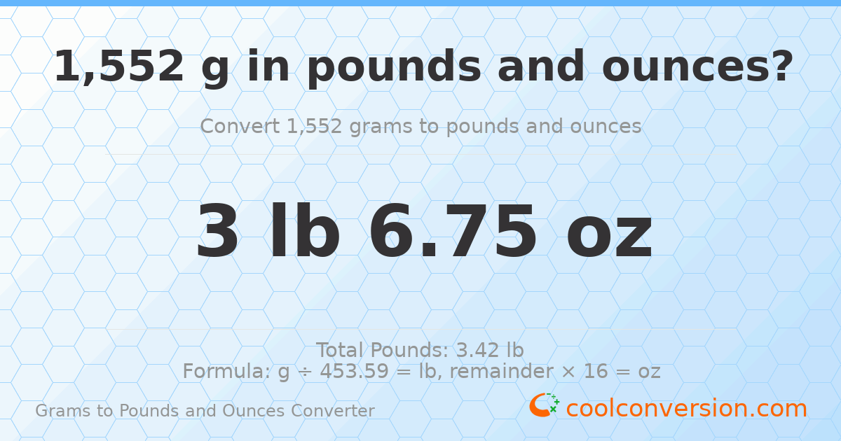 1552 g to lb and oz — 1552 g = 3 lb 6.75 oz