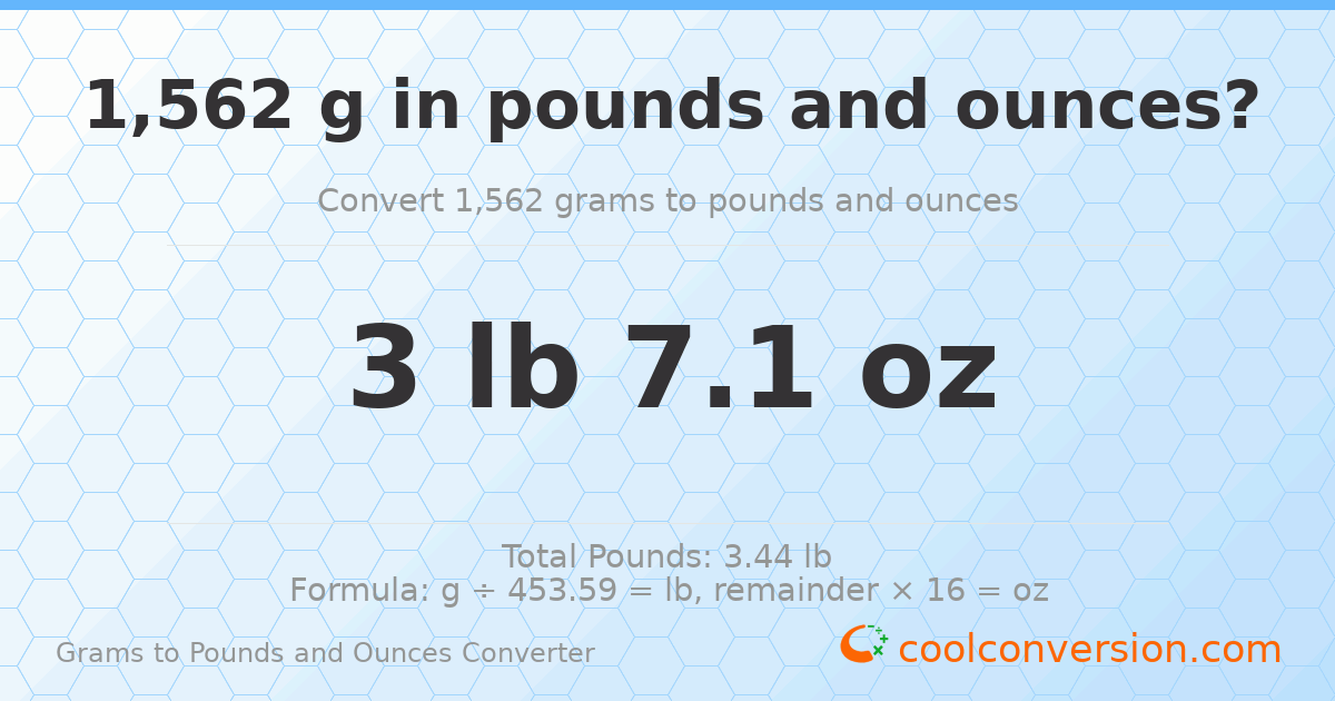 1562 g to lb and oz — 1562 g = 3 lb 7.1 oz