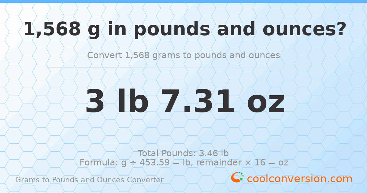 1568 g to lb and oz — 1568 g = 3 lb 7.31 oz