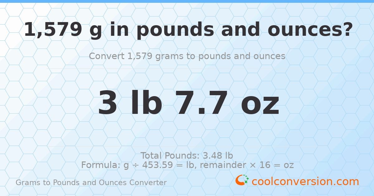 1579 g to lb and oz — 1579 g = 3 lb 7.7 oz