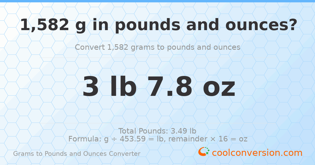 1582 g to lb and oz — 1582 g = 3 lb 7.8 oz