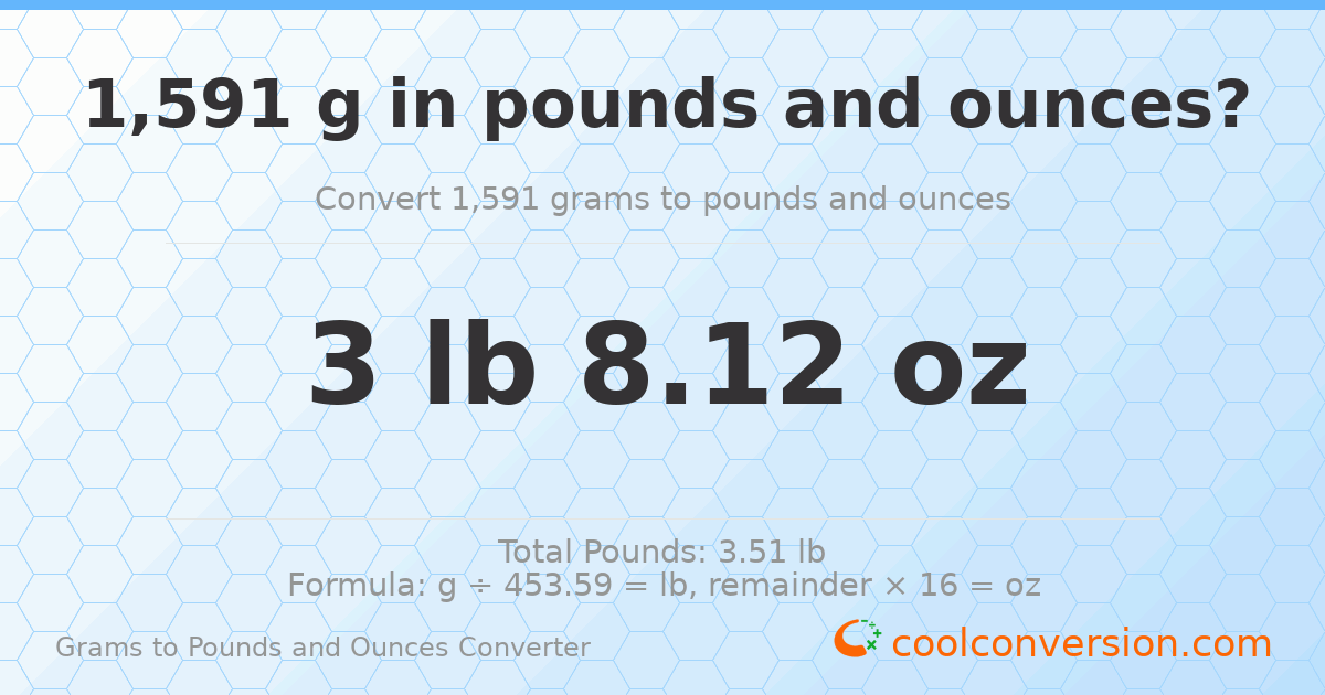 1591 g to lb and oz — 1591 g = 3 lb 8.12 oz
