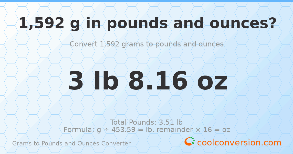 1592 g to lb and oz — 1592 g = 3 lb 8.16 oz