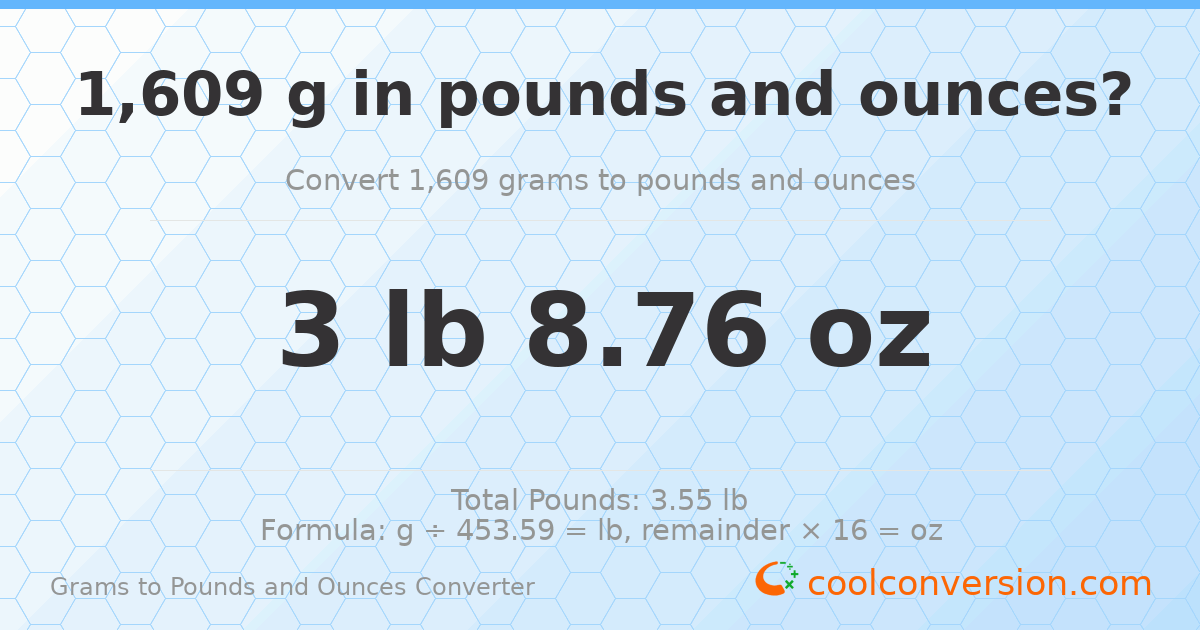 1609 g to lb and oz — 1609 g = 3 lb 8.76 oz