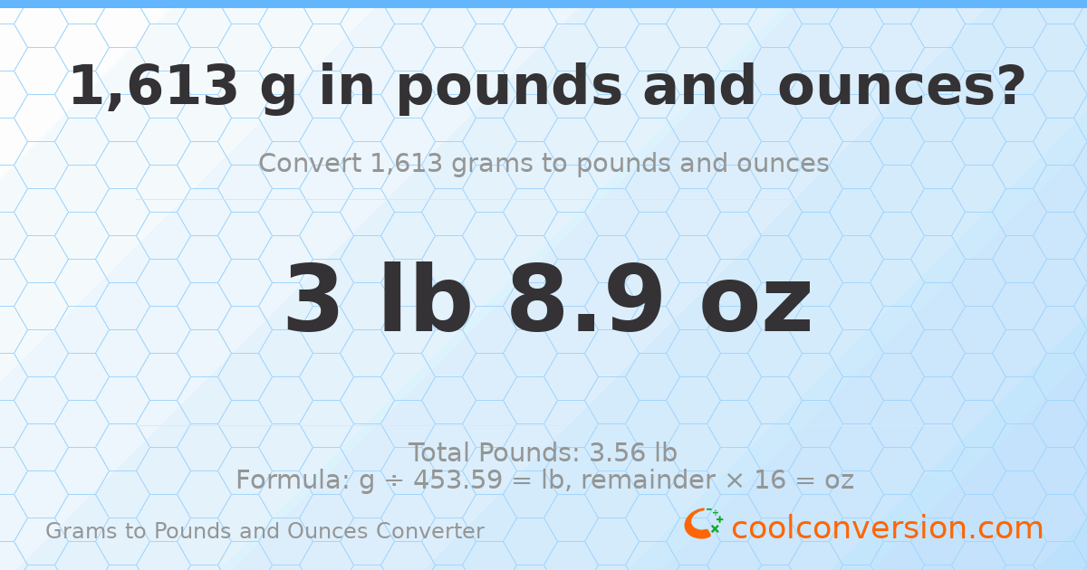 1613 g to lb and oz — 1613 g = 3 lb 8.9 oz