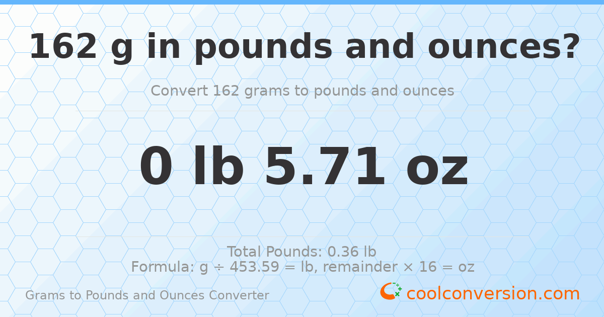 162 g to lb and oz — 162 g = 0 lb 5.71 oz