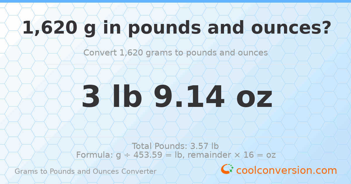 1620 g to lb and oz — 1620 g = 3 lb 9.14 oz