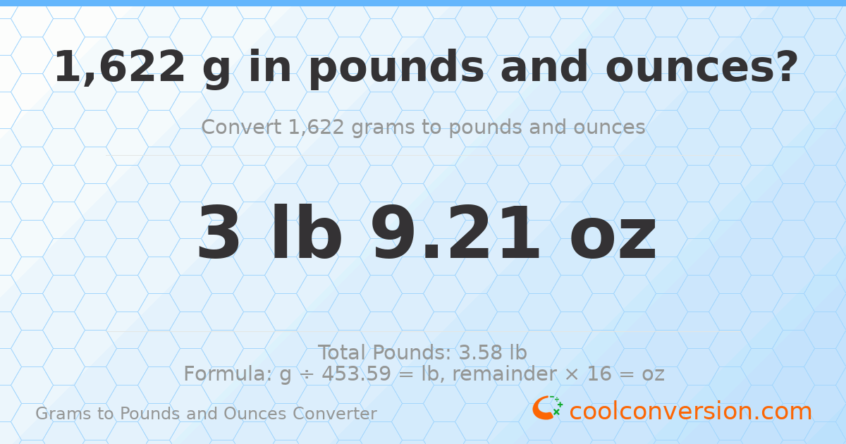 1622 g to lb and oz — 1622 g = 3 lb 9.21 oz