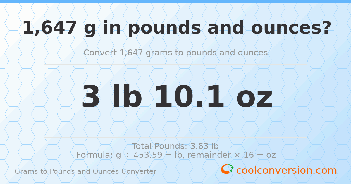 1647 g to lb and oz — 1647 g = 3 lb 10.1 oz