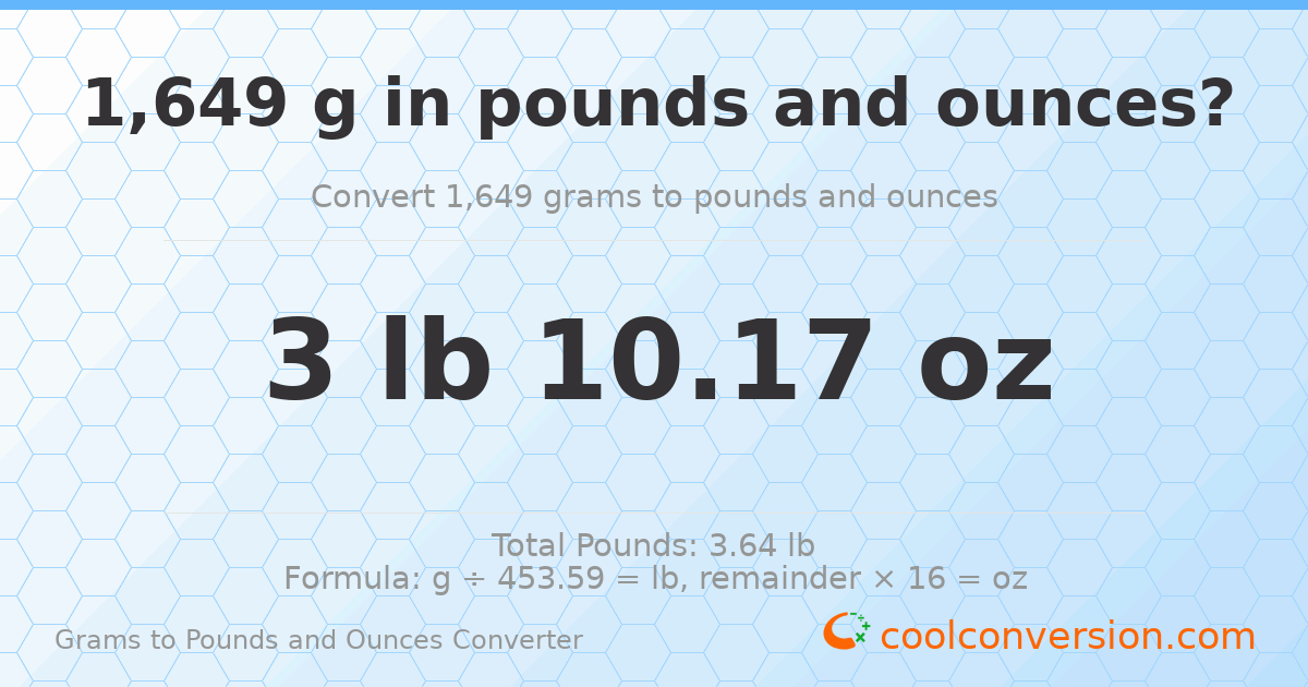 1649 g to lb and oz — 1649 g = 3 lb 10.17 oz