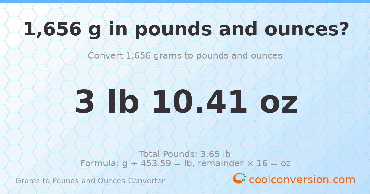 1656 g to lb and oz — 1656 g = 3 lb 10.41 oz