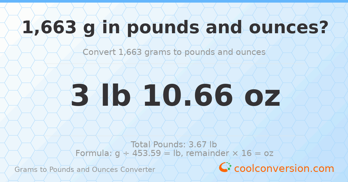 1663 g to lb and oz — 1663 g = 3 lb 10.66 oz