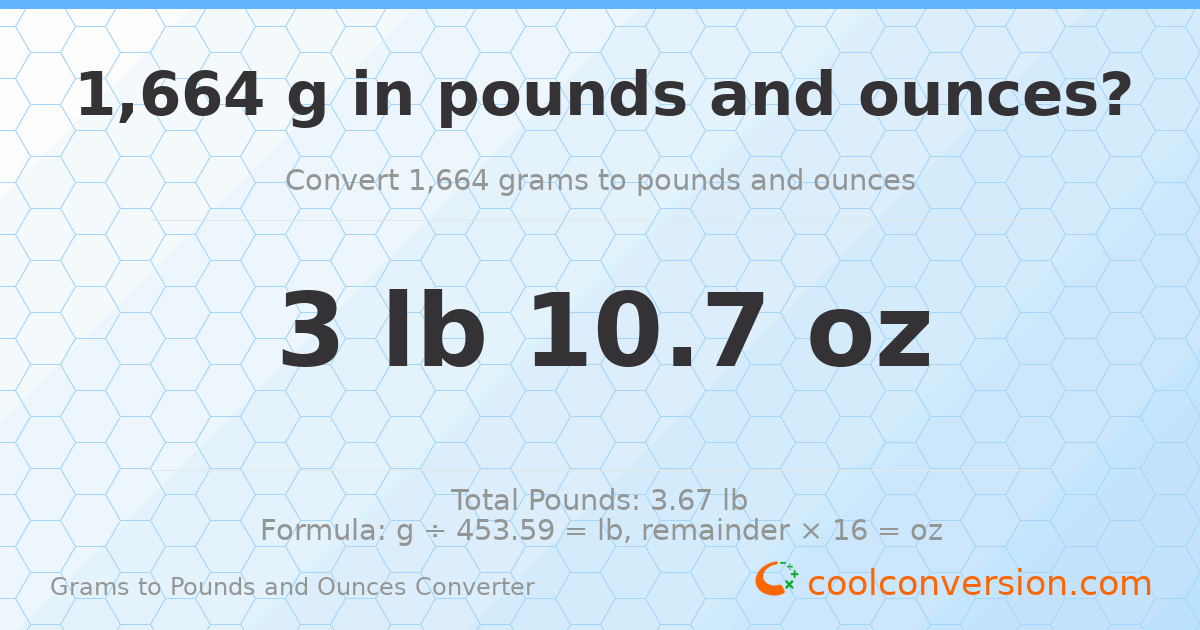 1664 g to lb and oz — 1664 g = 3 lb 10.7 oz