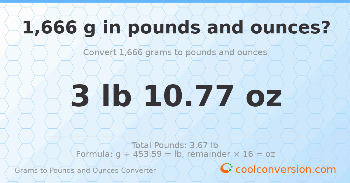 1666 g to lb and oz — 1666 g = 3 lb 10.77 oz
