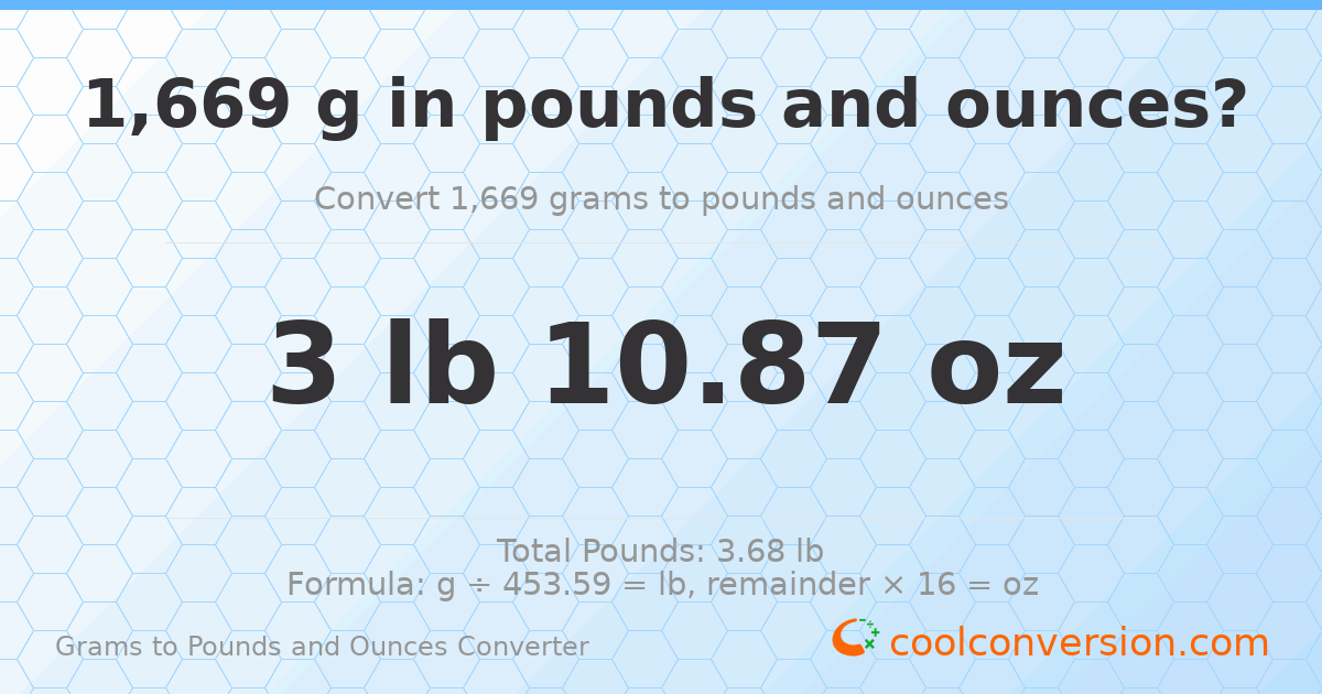 1669 g to lb and oz — 1669 g = 3 lb 10.87 oz