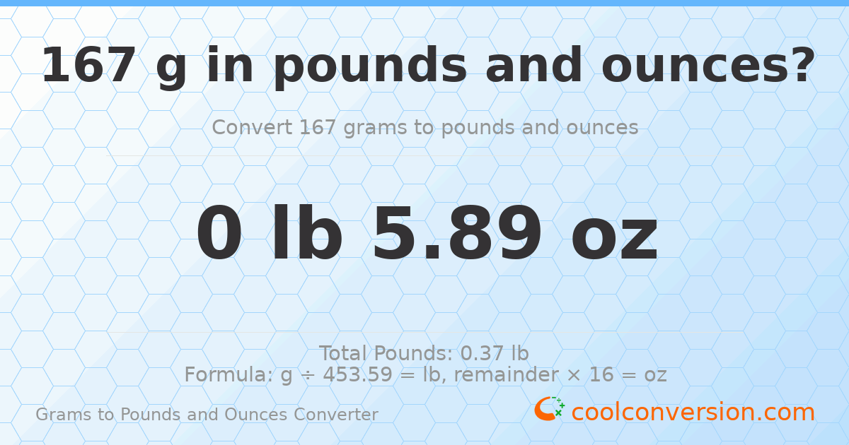 167 g to lb and oz — 167 g = 0 lb 5.89 oz