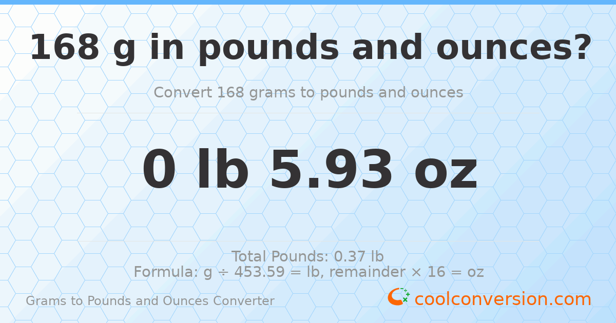 168 g to lb and oz — 168 g = 0 lb 5.93 oz