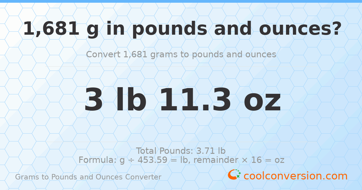 1681 g to lb and oz — 1681 g = 3 lb 11.3 oz