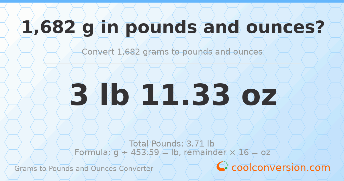 1682 g to lb and oz — 1682 g = 3 lb 11.33 oz