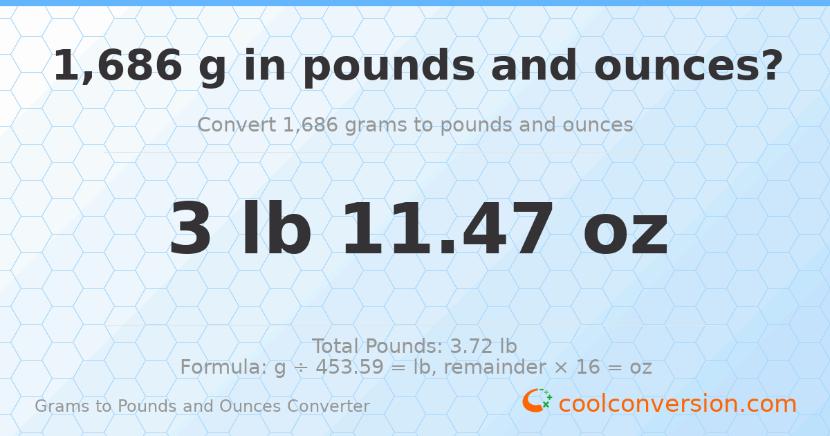 1686 g to lb and oz — 1686 g = 3 lb 11.47 oz