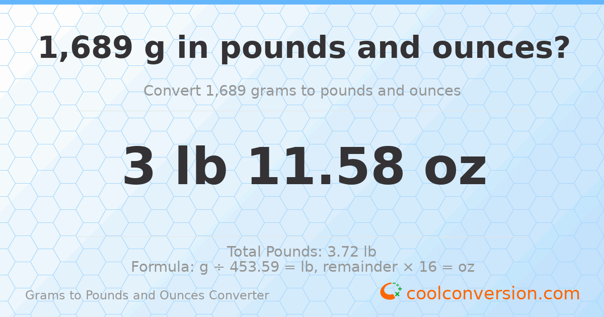 1689 g to lb and oz — 1689 g = 3 lb 11.58 oz