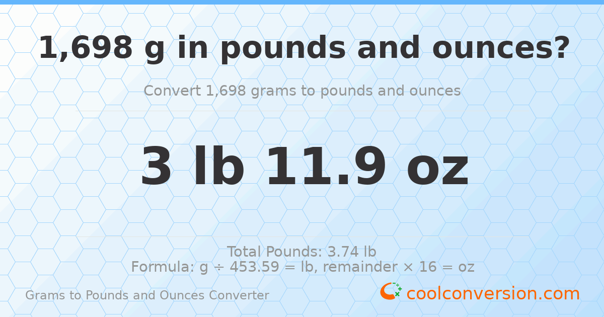 1698 g to lb and oz — 1698 g = 3 lb 11.9 oz