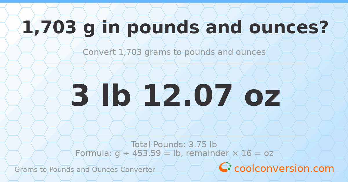 1703 g to lb and oz — 1703 g = 3 lb 12.07 oz