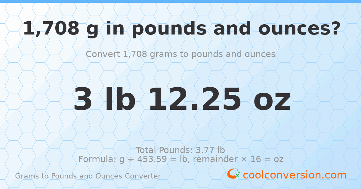 1708 g to lb and oz — 1708 g = 3 lb 12.25 oz