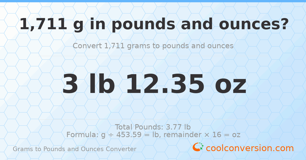 1711 g to lb and oz — 1711 g = 3 lb 12.35 oz