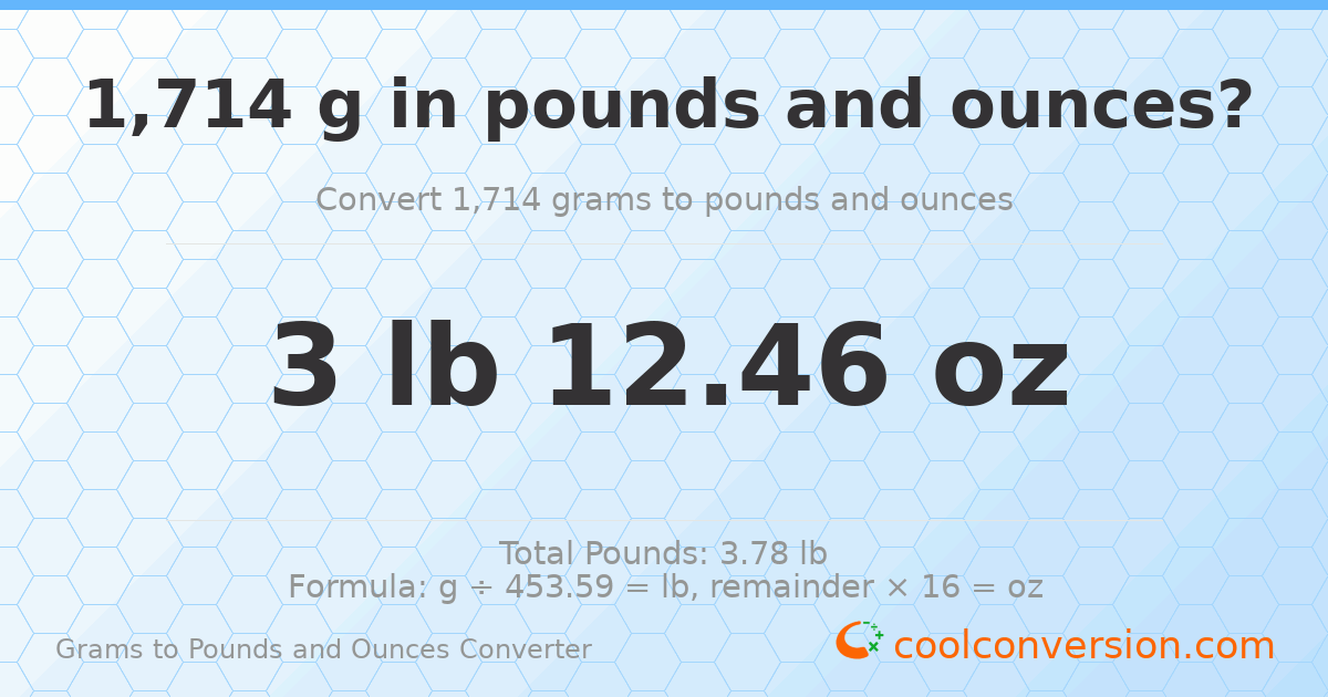 1714 g to lb and oz — 1714 g = 3 lb 12.46 oz