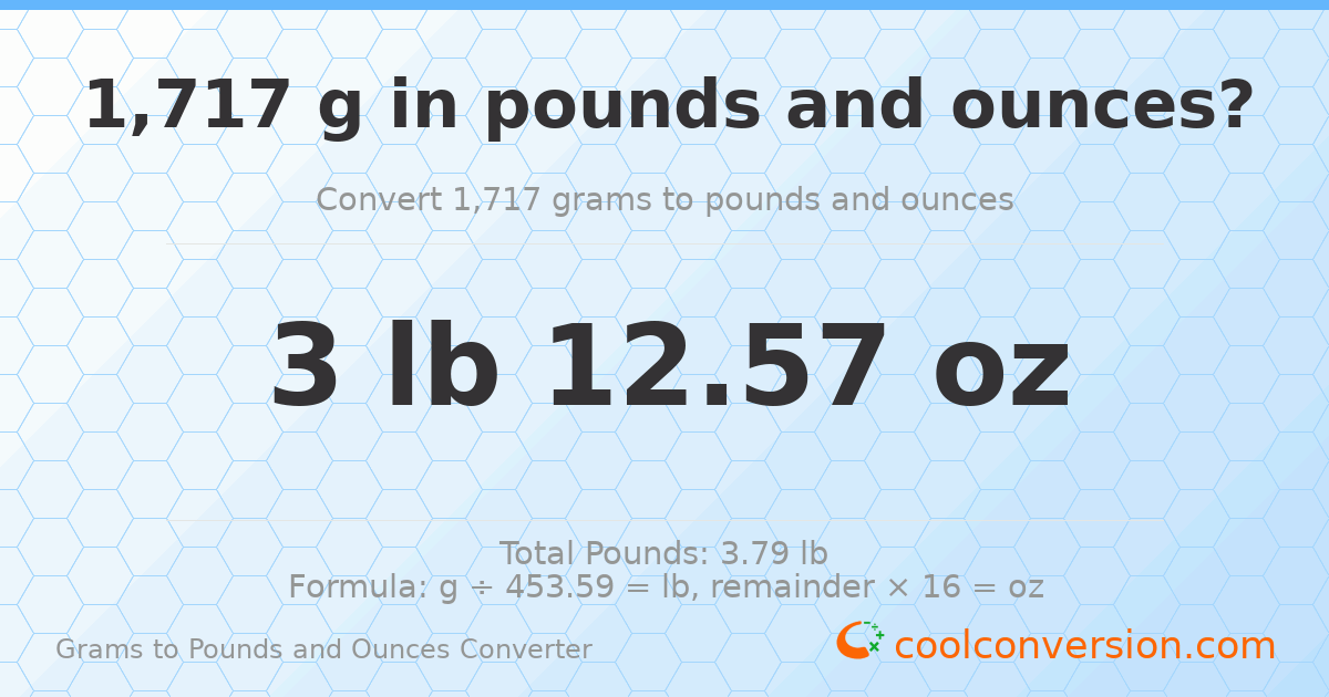 1717 g to lb and oz — 1717 g = 3 lb 12.57 oz