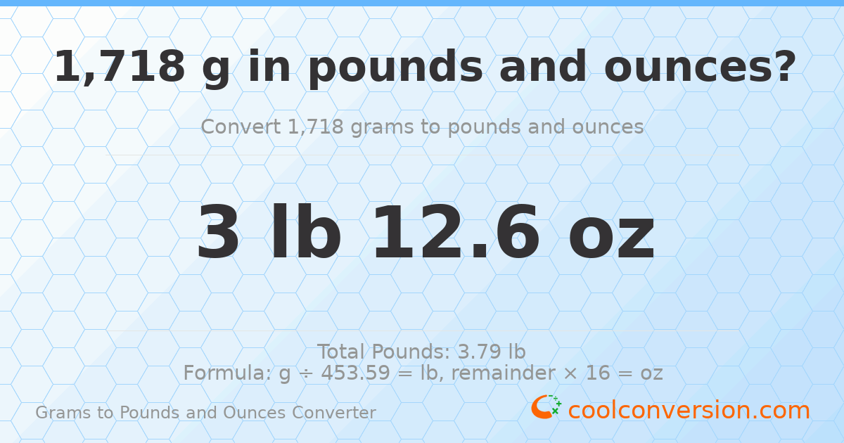 1718 g to lb and oz — 1718 g = 3 lb 12.6 oz