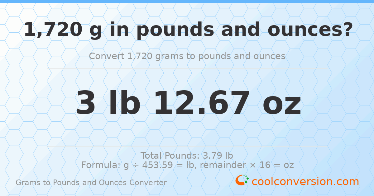 1720 g to lb and oz — 1720 g = 3 lb 12.67 oz