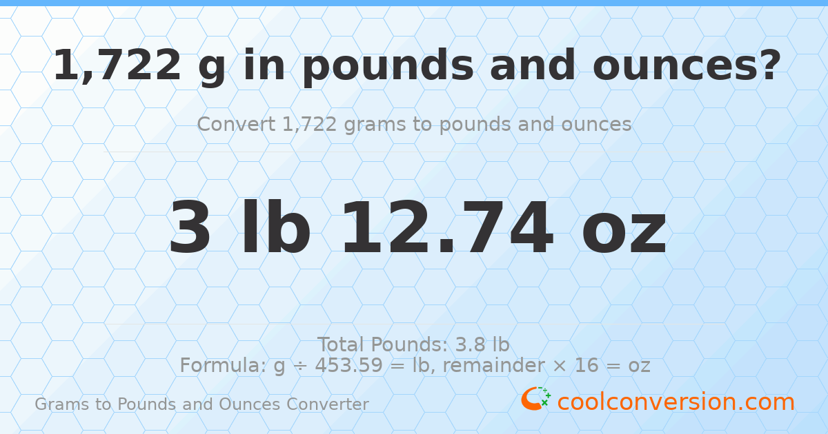 1722 g to lb and oz — 1722 g = 3 lb 12.74 oz