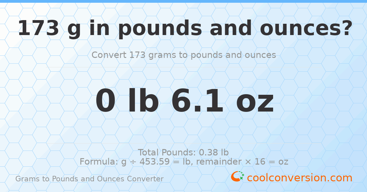 173 g to lb and oz — 173 g = 0 lb 6.1 oz