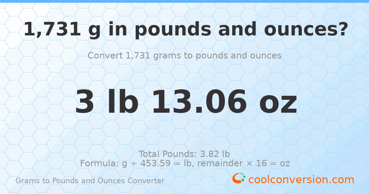 1731 g to lb and oz — 1731 g = 3 lb 13.06 oz