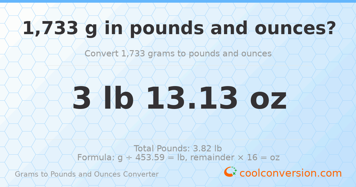 1733 g to lb and oz — 1733 g = 3 lb 13.13 oz