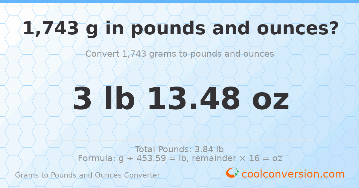 1743 g to lb and oz — 1743 g = 3 lb 13.48 oz