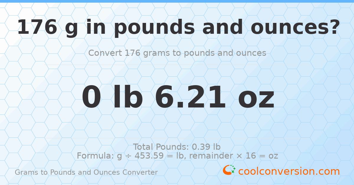 176 g to lb and oz — 176 g = 0 lb 6.21 oz