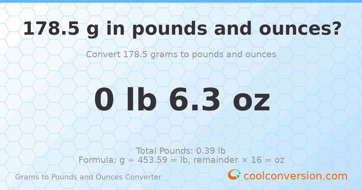 178.5 g to lb and oz — 178.5 g = 0 lb 6.3 oz