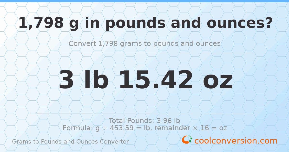 1798 g to lb and oz — 1798 g = 3 lb 15.42 oz